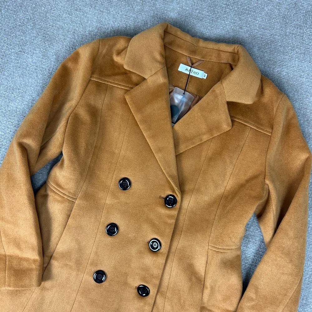 Aptro Brown Wool Double Breasted Long Coat Womens Medium Winter Pea Coat NEW